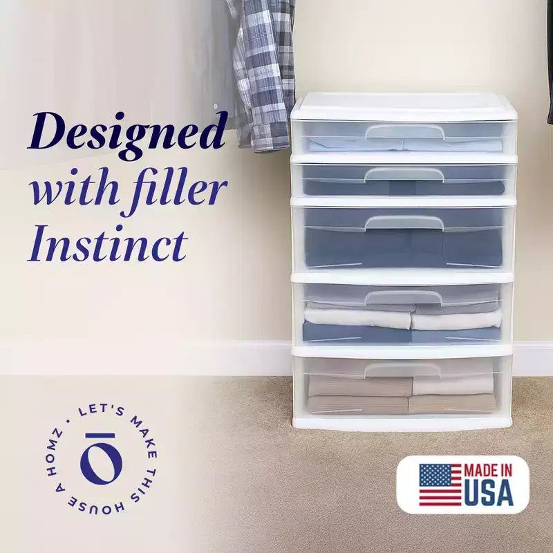 Extra-Wide Plastic Storage and Organizer Tower with 5 Clear Drawers for Home, Office, Classroom, Craft, Art Supplies, Clothes, White Frame