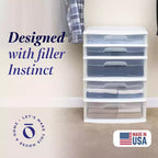 Extra-Wide Plastic Storage and Organizer Tower with 5 Clear Drawers for Home, Office, Classroom, Craft, Art Supplies, Clothes, White Frame