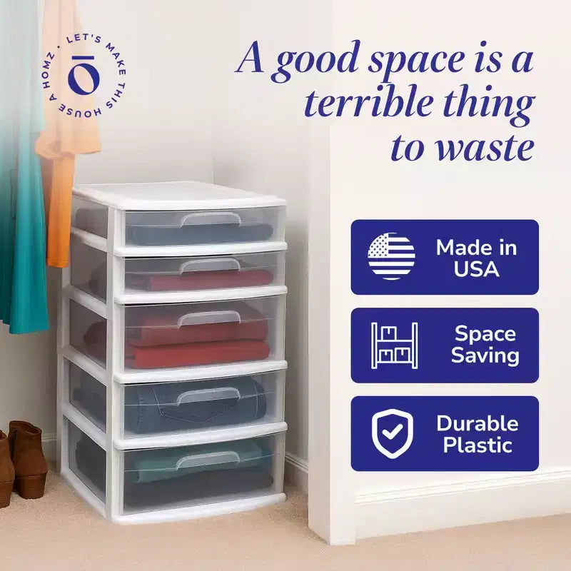 Extra-Wide Plastic Storage and Organizer Tower with 5 Clear Drawers for Home, Office, Classroom, Craft, Art Supplies, Clothes, White Frame