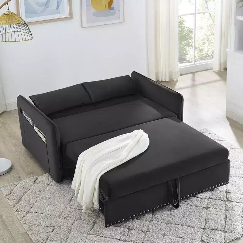Sleeper Sofa Bed with USB, Adjustable Pull-Out Bed & Side Pocket (Velvet)