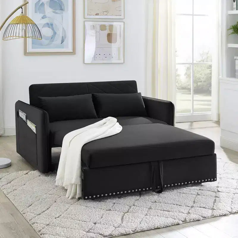Sleeper Sofa Bed with USB, Adjustable Pull-Out Bed & Side Pocket (Velvet)
