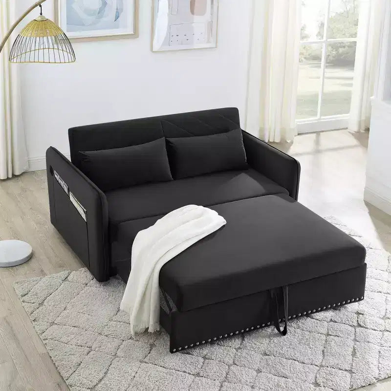 Sleeper Sofa Bed with USB, Adjustable Pull-Out Bed & Side Pocket (Velvet)