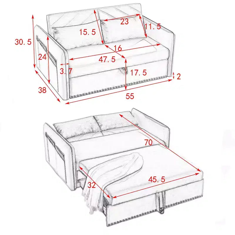 Sleeper Sofa Bed with USB, Adjustable Pull-Out Bed & Side Pocket (Velvet)