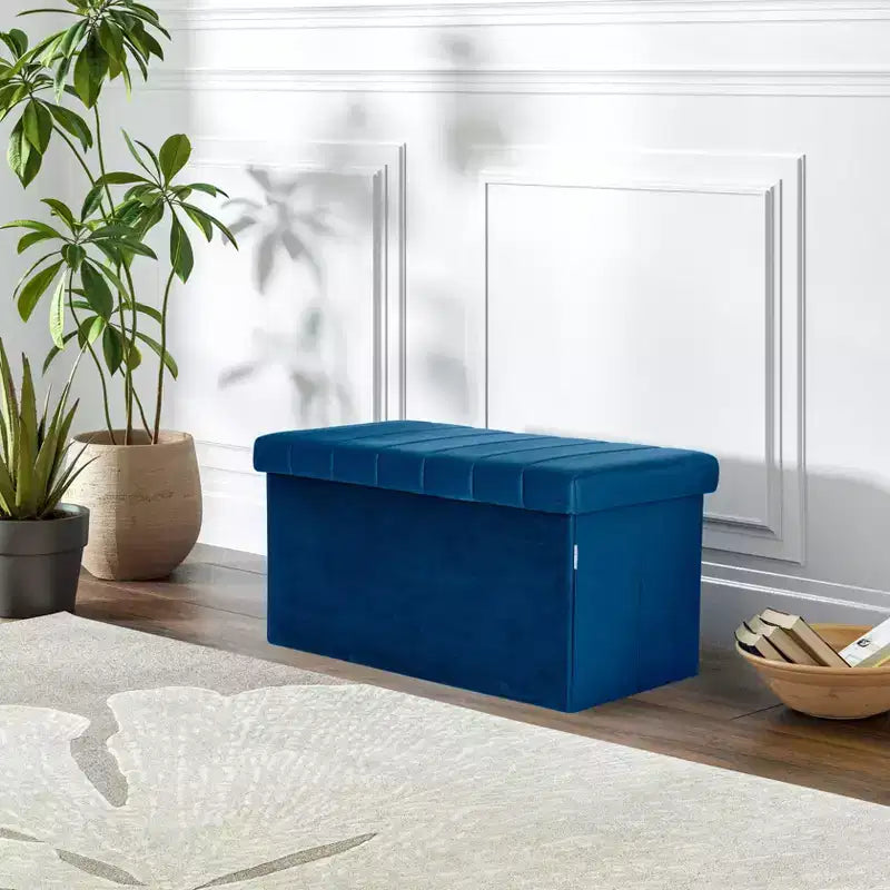 Blue Velvet Cushioned Accent Storage Ottoman