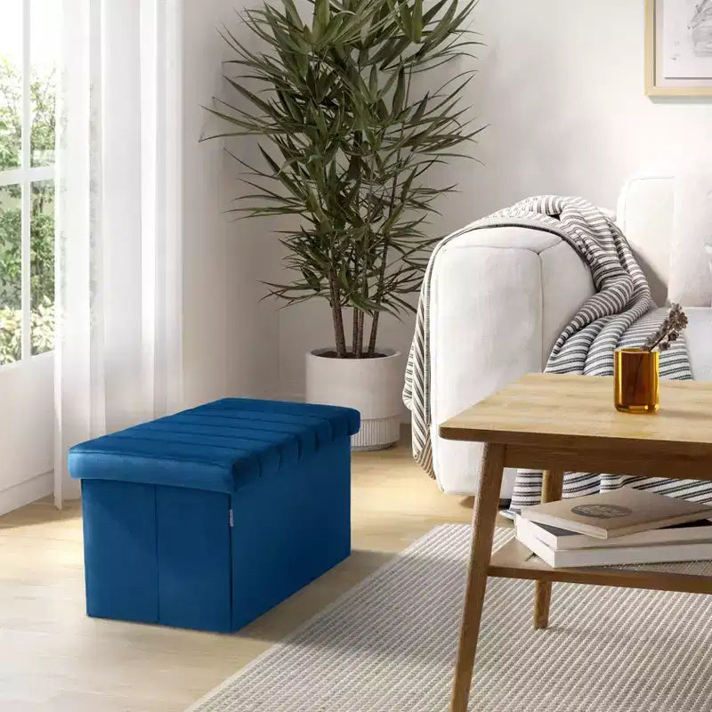 Blue Velvet Cushioned Accent Storage Ottoman