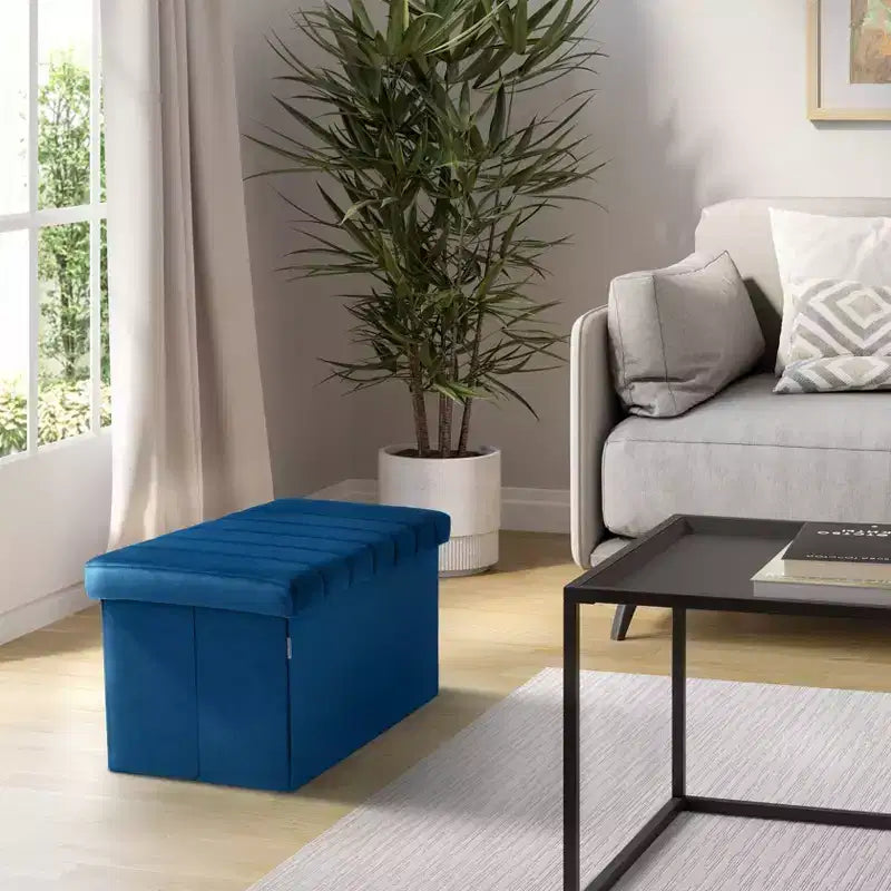Blue Velvet Cushioned Accent Storage Ottoman