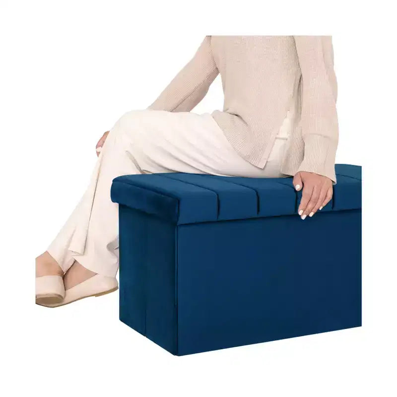 Blue Velvet Cushioned Accent Storage Ottoman