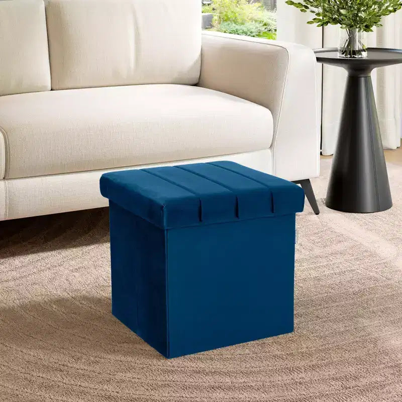 Blue Velvet Cushioned Accent Storage Ottoman