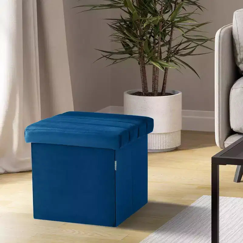 Blue Velvet Cushioned Accent Storage Ottoman