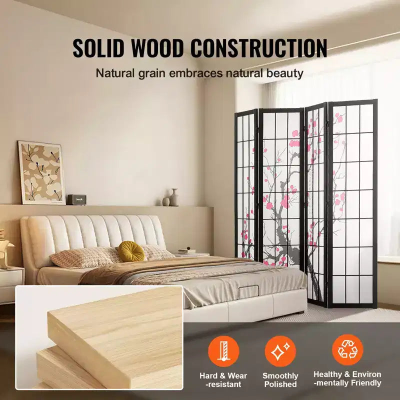 Room Divider, 4 Panel Japanese Room Divider Screen, Wood Folding Privacy Screen Indoor, Partition Portable Decoration Dividers Brown+White