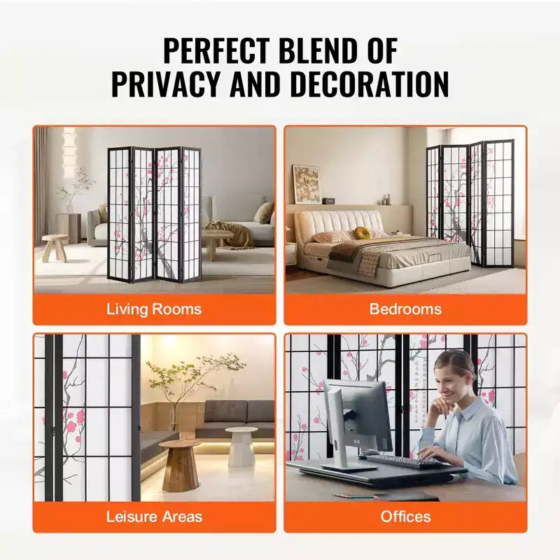 Room Divider, 4 Panel Japanese Room Divider Screen, Wood Folding Privacy Screen Indoor, Partition Portable Decoration Dividers Brown+White
