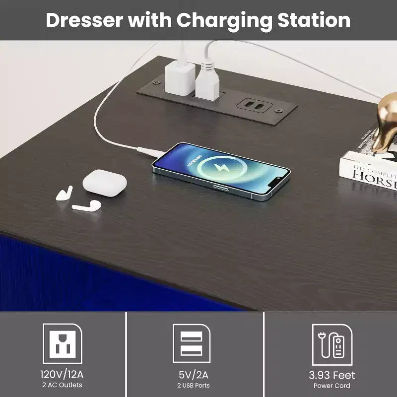 Weißer Kommode fürs Schlafzimmer, 6-Schubladen-Kommode mit LED-Leuchten und Ladestation, für Wohnzimmer, Flur
