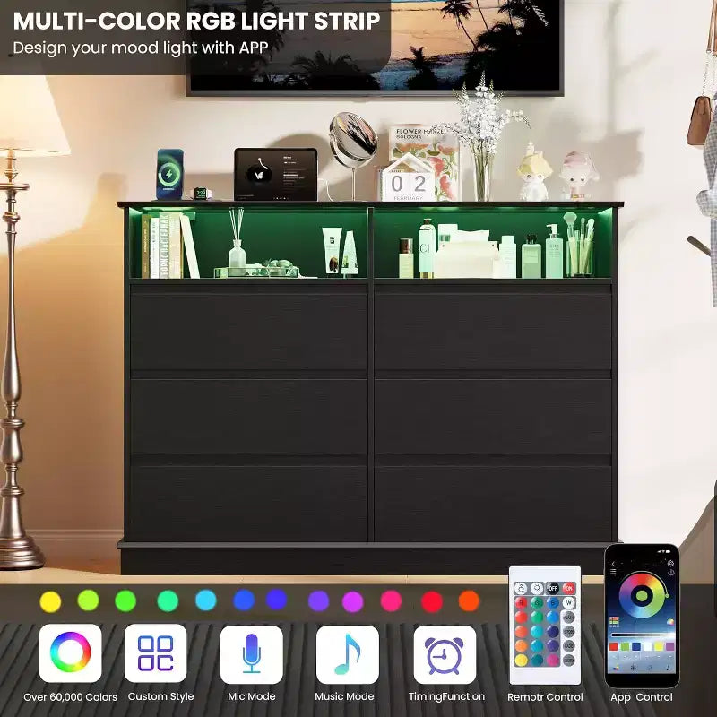 Weißer Kommode fürs Schlafzimmer, 6-Schubladen-Kommode mit LED-Leuchten und Ladestation, für Wohnzimmer, Flur