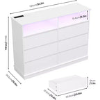 Weißer Kommode fürs Schlafzimmer, 6-Schubladen-Kommode mit LED-Leuchten und Ladestation, für Wohnzimmer, Flur