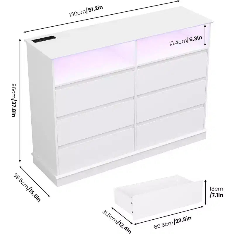 Weißer Kommode fürs Schlafzimmer, 6-Schubladen-Kommode mit LED-Leuchten und Ladestation, für Wohnzimmer, Flur