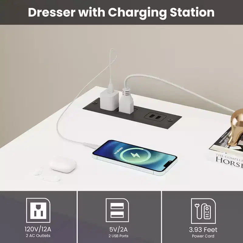 Weißer Kommode fürs Schlafzimmer, 6-Schubladen-Kommode mit LED-Leuchten und Ladestation, für Wohnzimmer, Flur