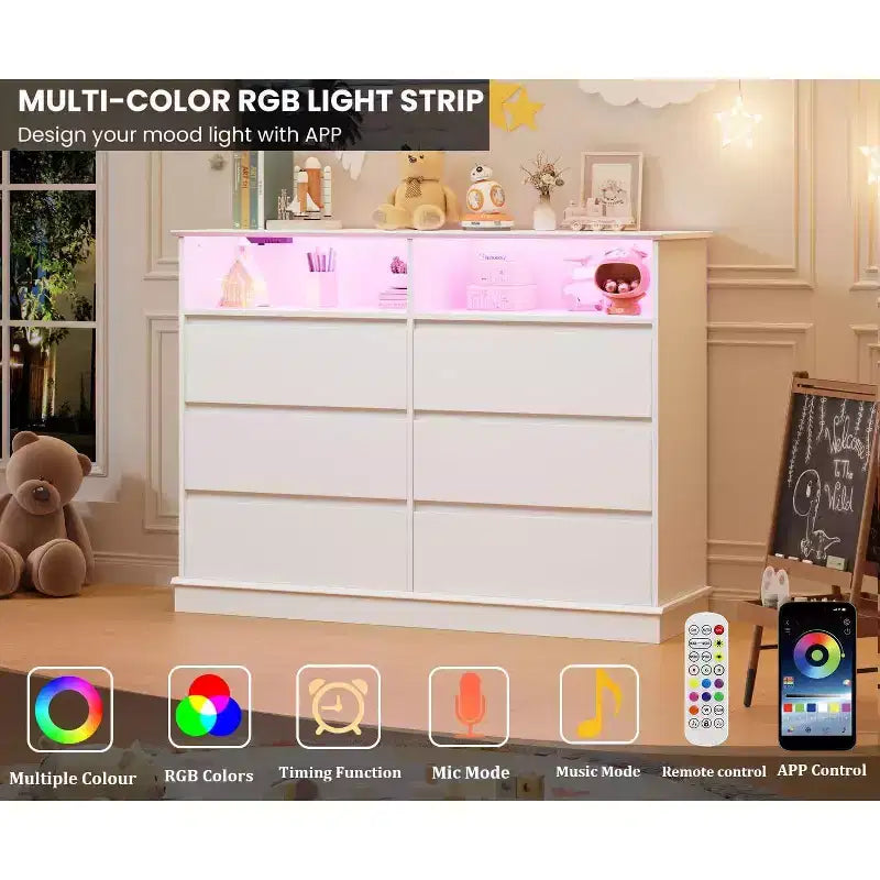 Weißer Kommode fürs Schlafzimmer, 6-Schubladen-Kommode mit LED-Leuchten und Ladestation, für Wohnzimmer, Flur
