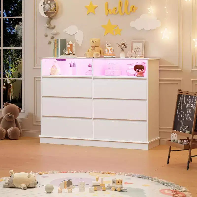 Weißer Kommode fürs Schlafzimmer, 6-Schubladen-Kommode mit LED-Leuchten und Ladestation, für Wohnzimmer, Flur