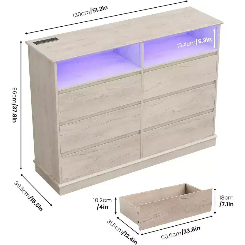 Weißer Kommode fürs Schlafzimmer, 6-Schubladen-Kommode mit LED-Leuchten und Ladestation, für Wohnzimmer, Flur