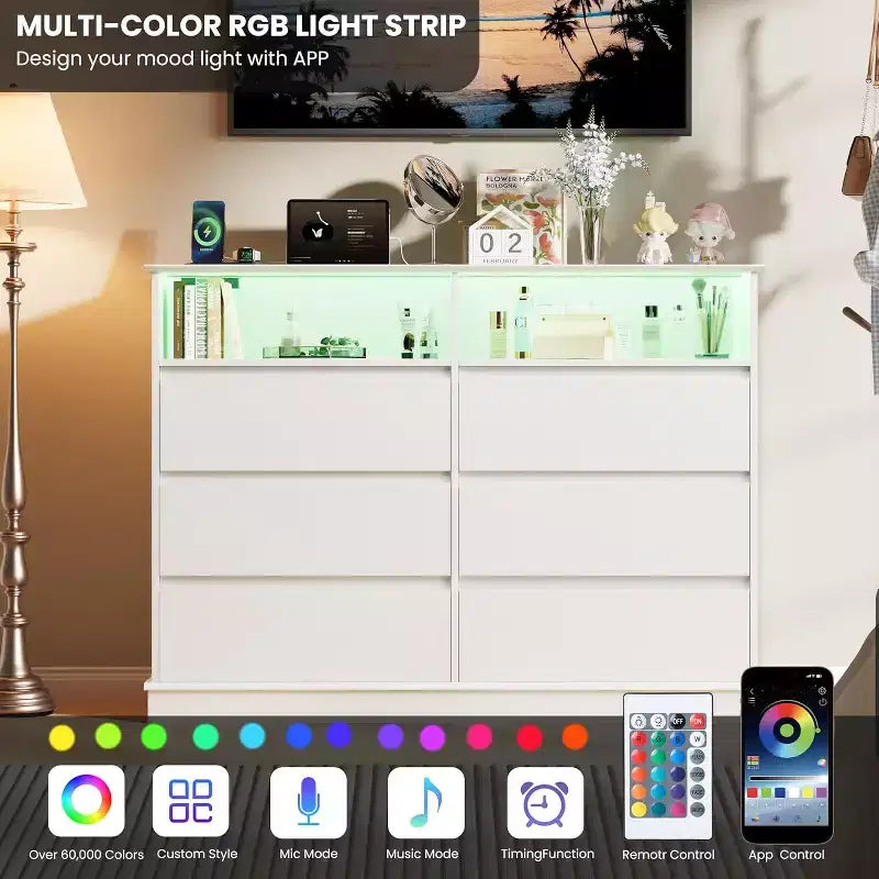 Weißer Kommode fürs Schlafzimmer, 6-Schubladen-Kommode mit LED-Leuchten und Ladestation, für Wohnzimmer, Flur