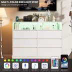 Weißer Kommode fürs Schlafzimmer, 6-Schubladen-Kommode mit LED-Leuchten und Ladestation, für Wohnzimmer, Flur