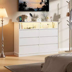 Weißer Kommode fürs Schlafzimmer, 6-Schubladen-Kommode mit LED-Leuchten und Ladestation, für Wohnzimmer, Flur