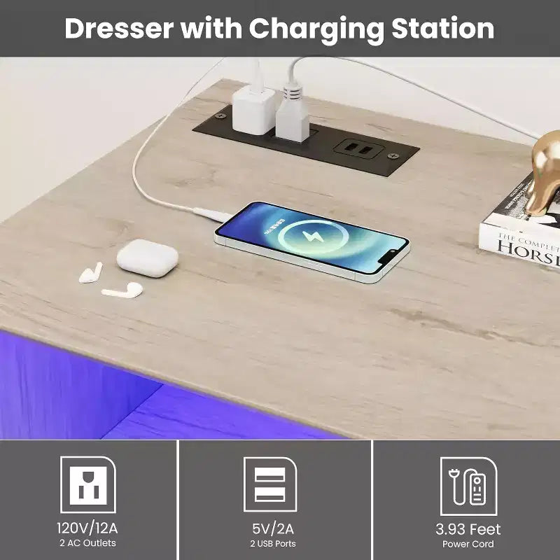 Weißer Kommode fürs Schlafzimmer, 6-Schubladen-Kommode mit LED-Leuchten und Ladestation, für Wohnzimmer, Flur