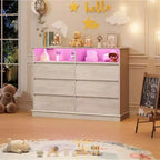 Weißer Kommode fürs Schlafzimmer, 6-Schubladen-Kommode mit LED-Leuchten und Ladestation, für Wohnzimmer, Flur