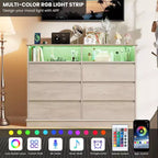Weißer Kommode fürs Schlafzimmer, 6-Schubladen-Kommode mit LED-Leuchten und Ladestation, für Wohnzimmer, Flur