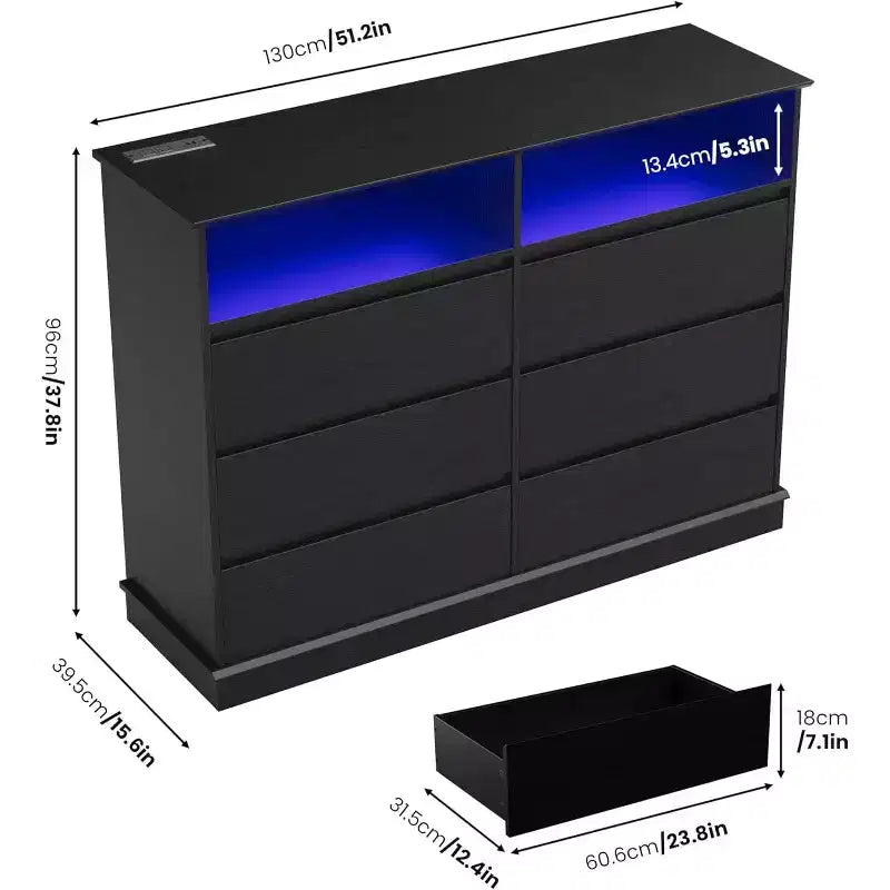Weißer Kommode fürs Schlafzimmer, 6-Schubladen-Kommode mit LED-Leuchten und Ladestation, für Wohnzimmer, Flur