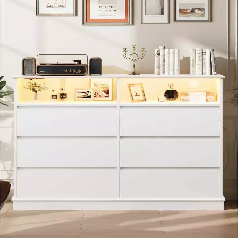 White Dresser for Bedroom, 6 Drawer Dresser with LED Lights and Charging Station, for Living Room, Hallway