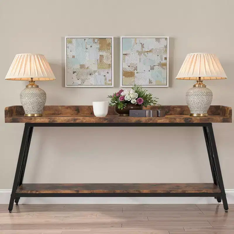 70.9 Inch Narrow Rustic Sofa Table Sturdy Metal Frame Home Decor