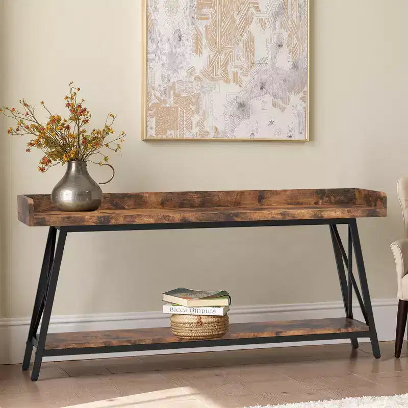 70.9 Inch Narrow Rustic Sofa Table Sturdy Metal Frame Home Decor