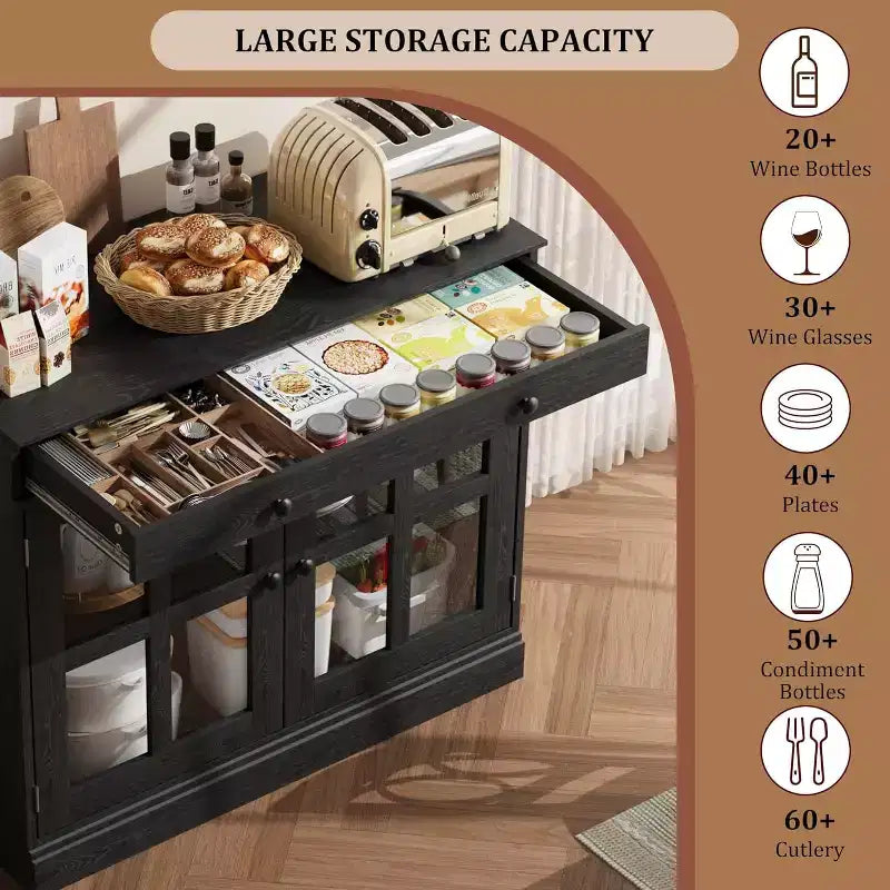 Kitchen Storage Cabinet, 2 Glass Door Buffet Sideboard, Wooden Drawer, MDF Back Panel, Modern Coffee Bar Cabinet with Adjustable Shelf