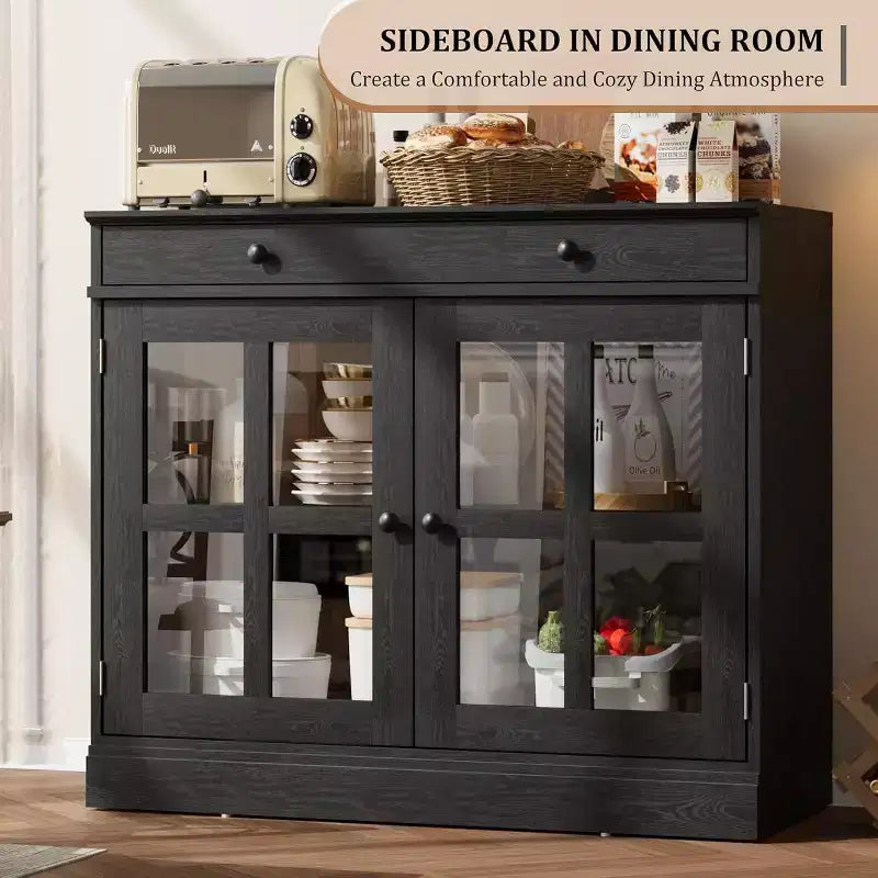 Kitchen Storage Cabinet, 2 Glass Door Buffet Sideboard, Wooden Drawer, MDF Back Panel, Modern Coffee Bar Cabinet with Adjustable Shelf