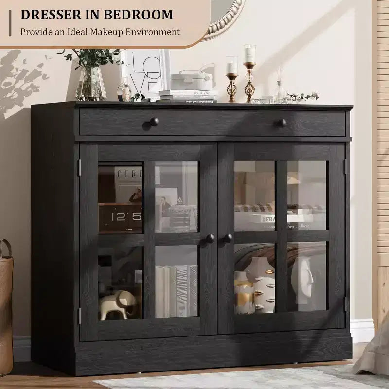 Kitchen Storage Cabinet, 2 Glass Door Buffet Sideboard, Wooden Drawer, MDF Back Panel, Modern Coffee Bar Cabinet with Adjustable Shelf