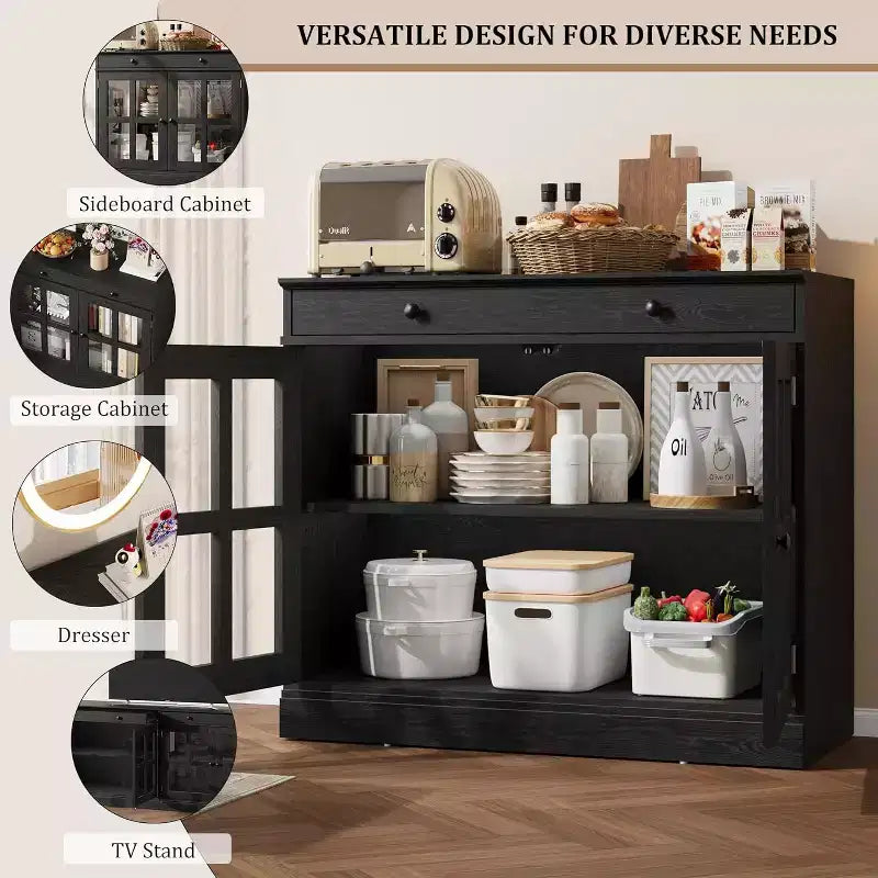 Kitchen Storage Cabinet, 2 Glass Door Buffet Sideboard, Wooden Drawer, MDF Back Panel, Modern Coffee Bar Cabinet with Adjustable Shelf