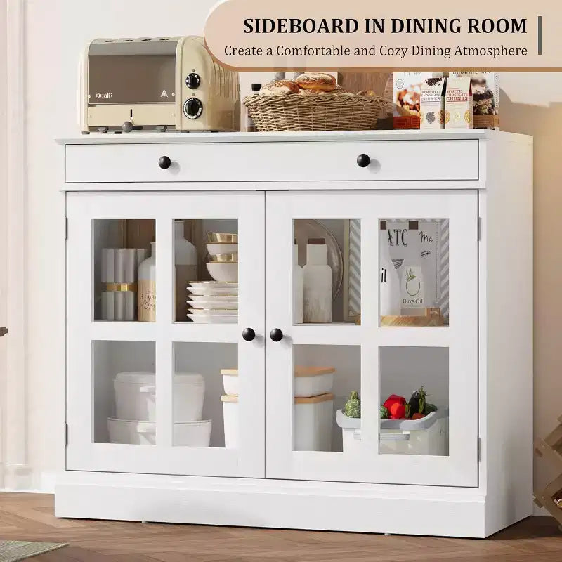 Kitchen Storage Cabinet, 2 Glass Door Buffet Sideboard, Wooden Drawer, MDF Back Panel, Modern Coffee Bar Cabinet with Adjustable Shelf