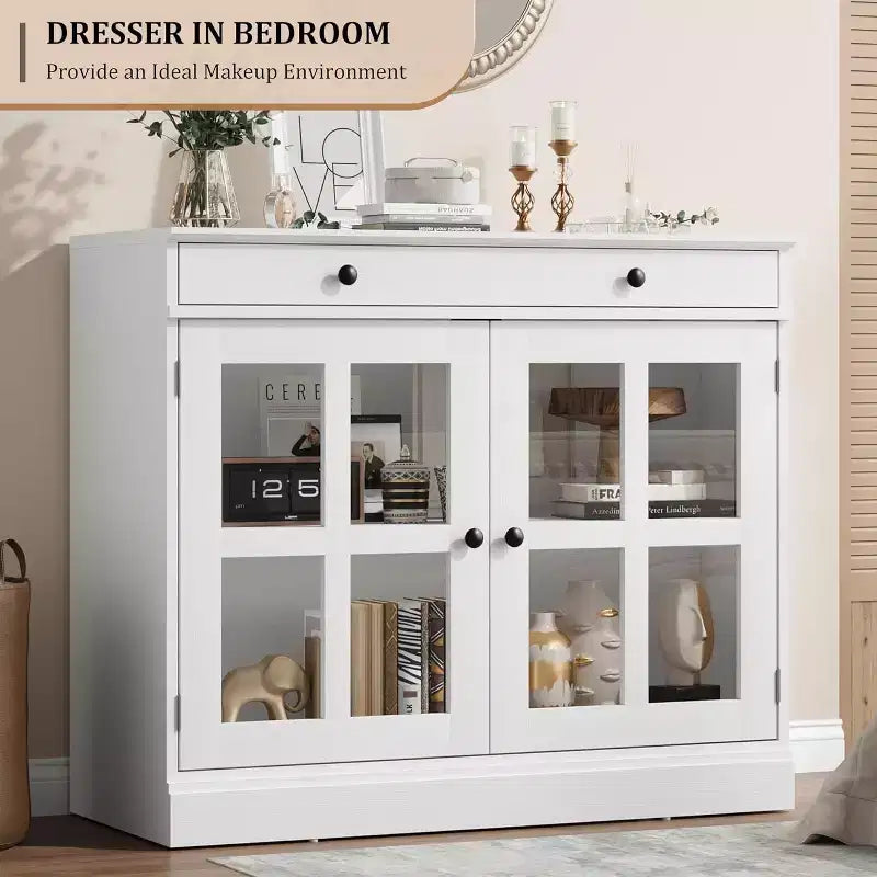 Kitchen Storage Cabinet, 2 Glass Door Buffet Sideboard, Wooden Drawer, MDF Back Panel, Modern Coffee Bar Cabinet with Adjustable Shelf