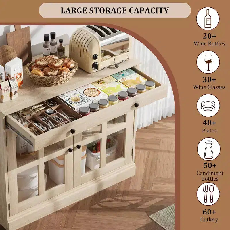 Kitchen Storage Cabinet, 2 Glass Door Buffet Sideboard, Wooden Drawer, MDF Back Panel, Modern Coffee Bar Cabinet with Adjustable Shelf
