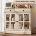 Kitchen Storage Cabinet, 2 Glass Door Buffet Sideboard, Wooden Drawer, MDF Back Panel, Modern Coffee Bar Cabinet with Adjustable Shelf