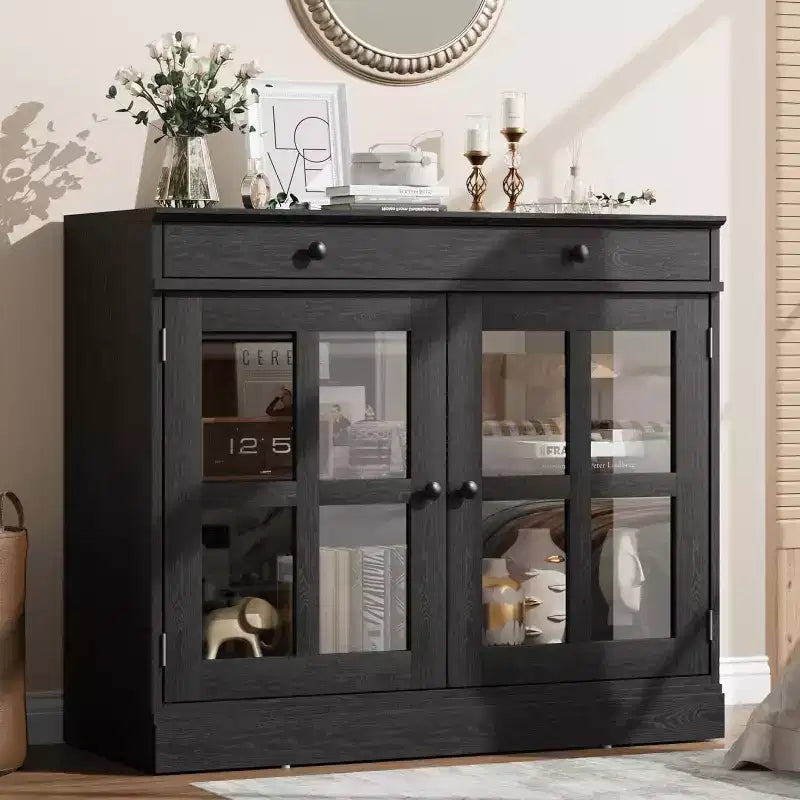 Kitchen Storage Cabinet, 2 Glass Door Buffet Sideboard, Wooden Drawer, MDF Back Panel, Modern Coffee Bar Cabinet with Adjustable Shelf