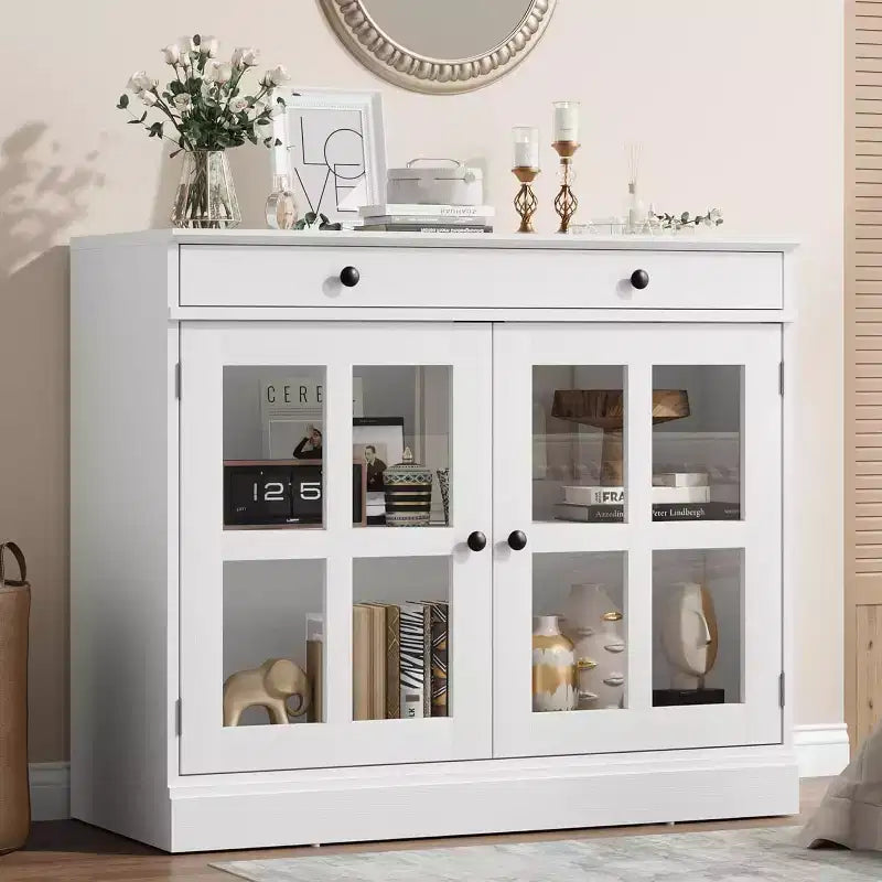 Kitchen Storage Cabinet, 2 Glass Door Buffet Sideboard, Wooden Drawer, MDF Back Panel, Modern Coffee Bar Cabinet with Adjustable Shelf