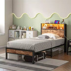 Modern Twin Size Metal Platform Bed Frame with Storage Headboard, Charging Station and LED Lights