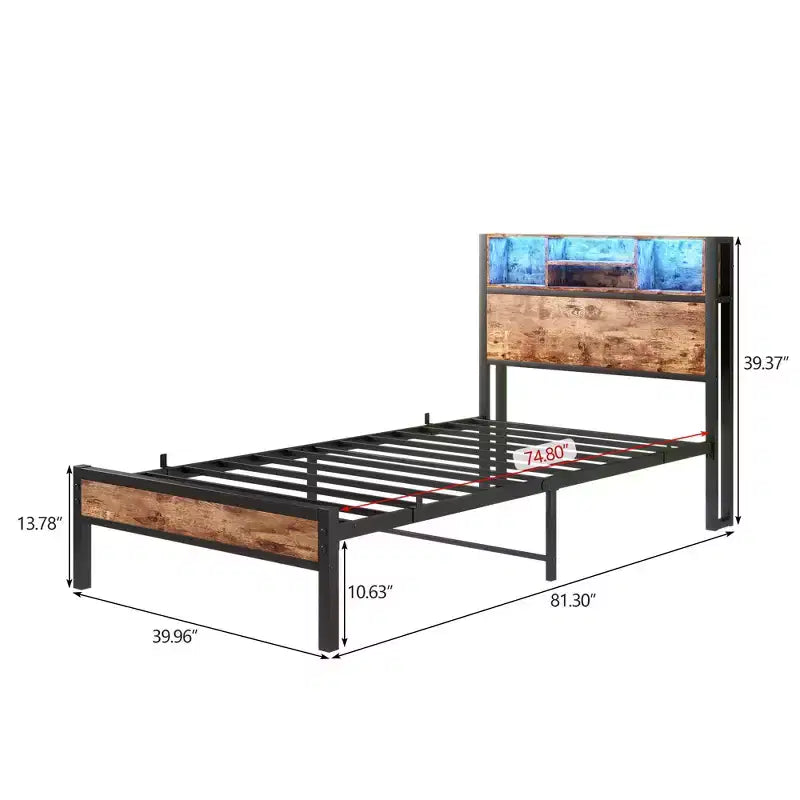 Modern Twin Size Metal Platform Bed Frame with Storage Headboard, Charging Station and LED Lights