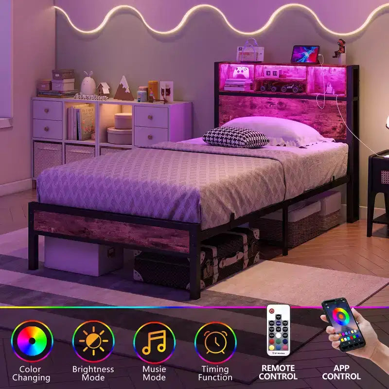 Modern Twin Size Metal Platform Bed Frame with Storage Headboard, Charging Station and LED Lights