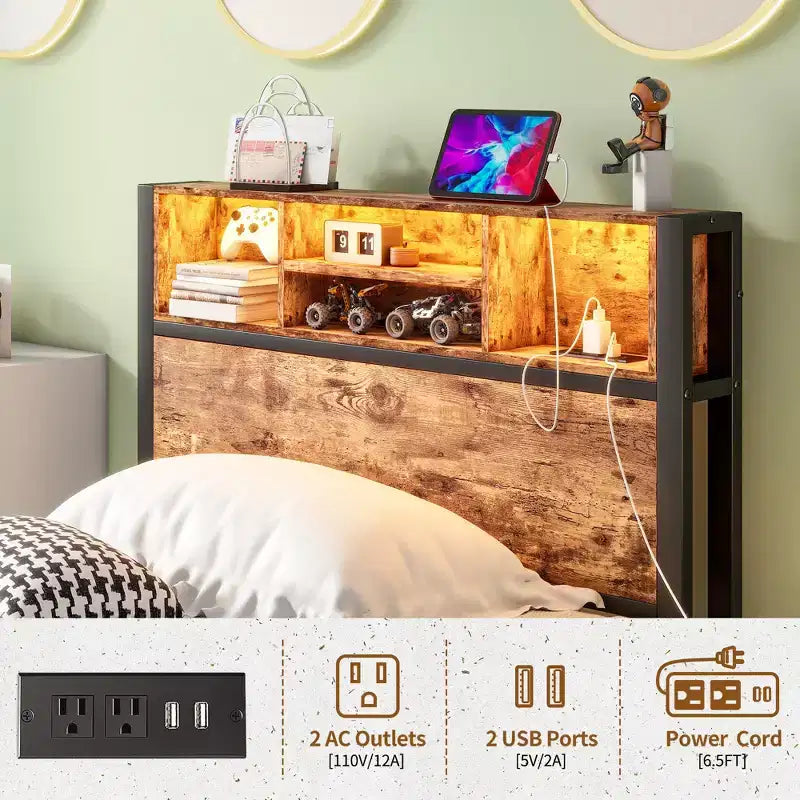 Modern Twin Size Metal Platform Bed Frame with Storage Headboard, Charging Station and LED Lights