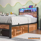 Modern Twin Size Metal Platform Bed Frame with Storage Headboard, Charging Station and LED Lights