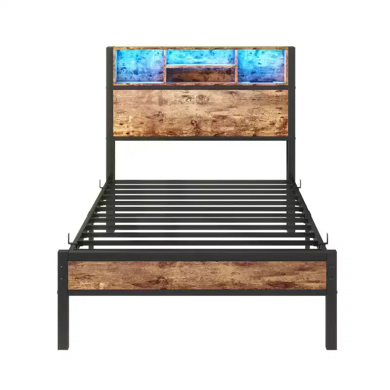 Modern Twin Size Metal Platform Bed Frame with Storage Headboard, Charging Station and LED Lights