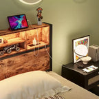 Modern Twin Size Metal Platform Bed Frame with Storage Headboard, Charging Station and LED Lights